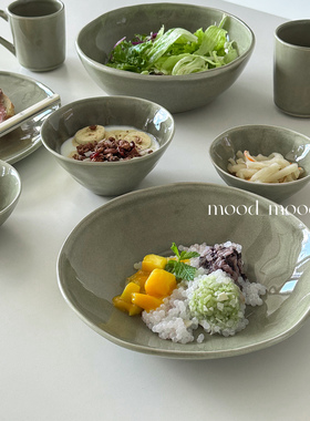 moodboard 手捏苔藓绿汤盘汤碗  brunch大盘面碗陶瓷马克杯酱料碟