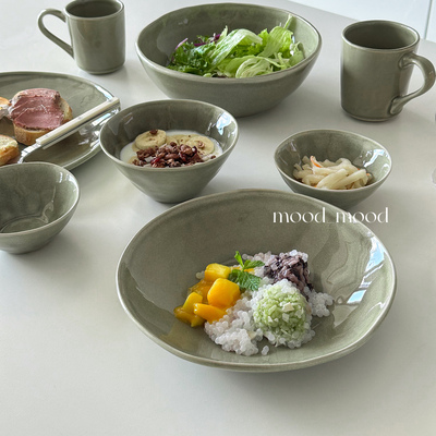 moodboard 手捏苔藓绿汤盘汤碗  brunch大盘面碗陶瓷马克杯酱料碟