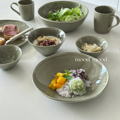 moodboard 手捏苔藓绿汤盘汤碗  brunch大盘面碗陶瓷马克杯酱料碟
