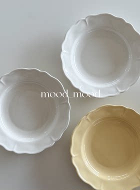 mood 奶油黄花边浅盘 纯白色深盘意面菜盘陶瓷9寸法式精致