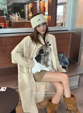 2025秋冬季新款韩版宽松慵懒风立领针织开衫女中长款毛衣外套