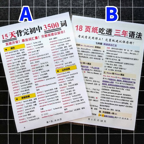 18页吃透初中三年英语语法3500个单词汇总复习全套A4塑封学习卡片