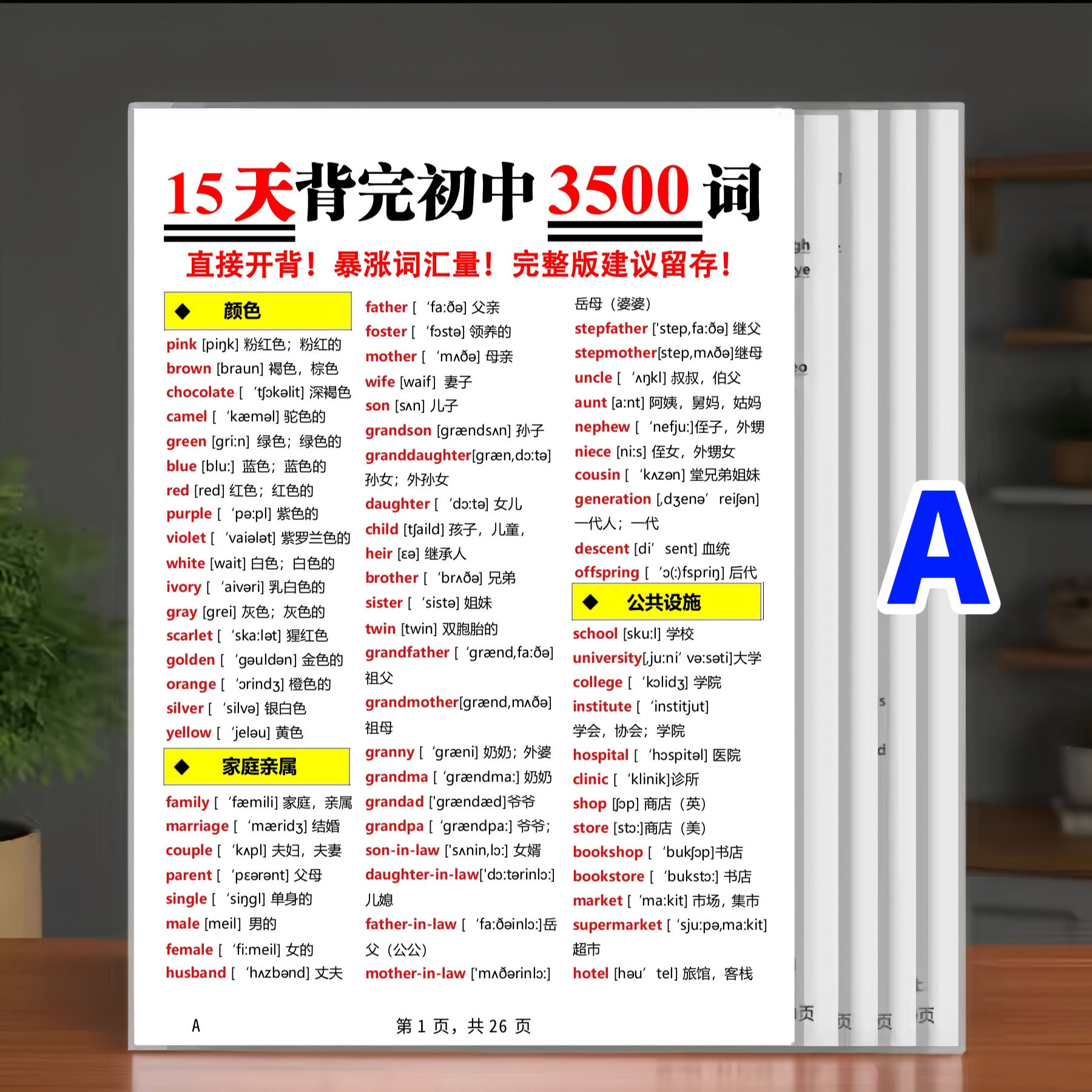 初中英语必背3500个单词汇总通用版分类带音标速记A4塑封学习卡片