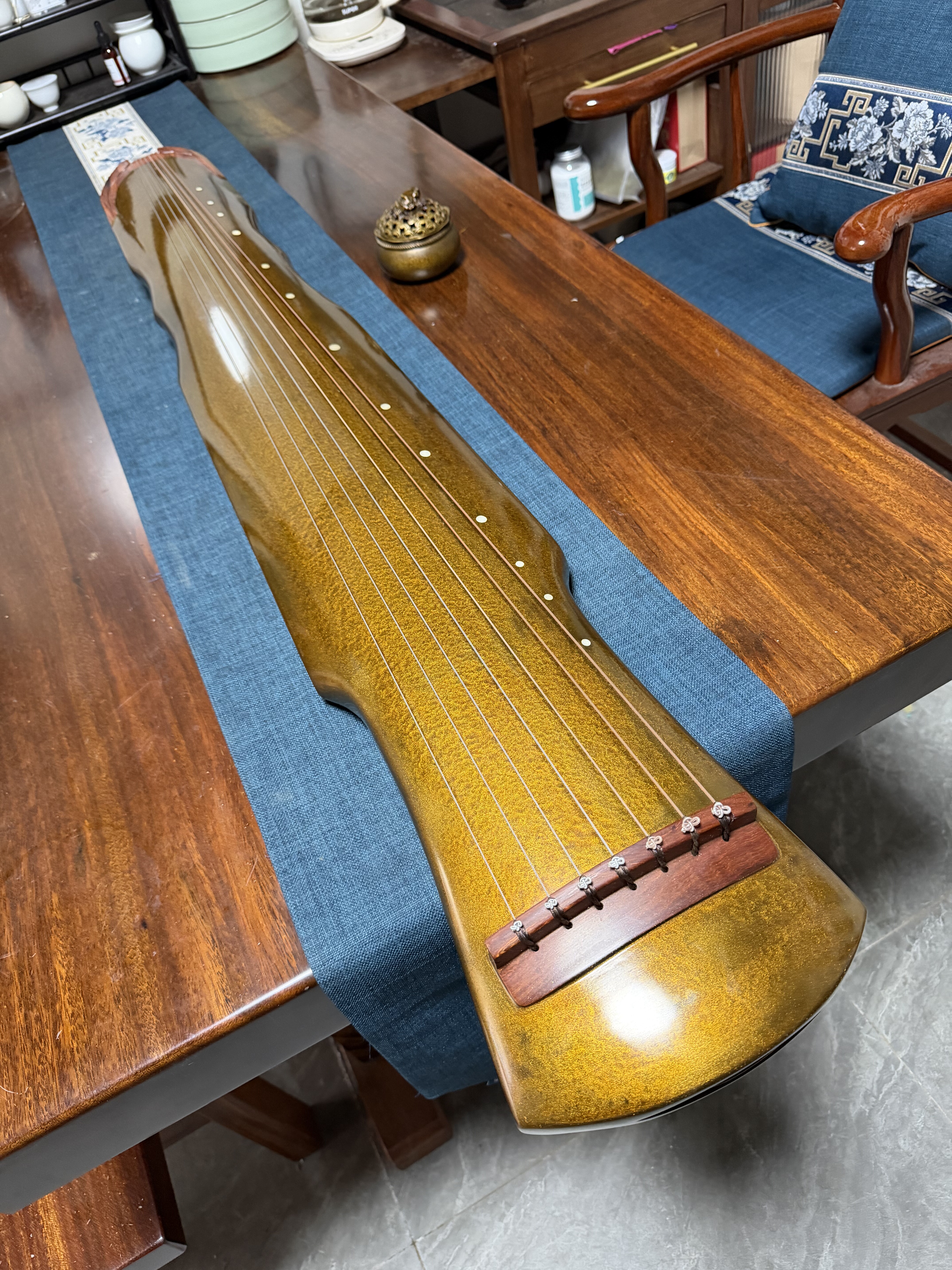 一铭老师斫纯生漆纯鹿角霜老杉木伏羲式古琴演奏级鎏金古琴