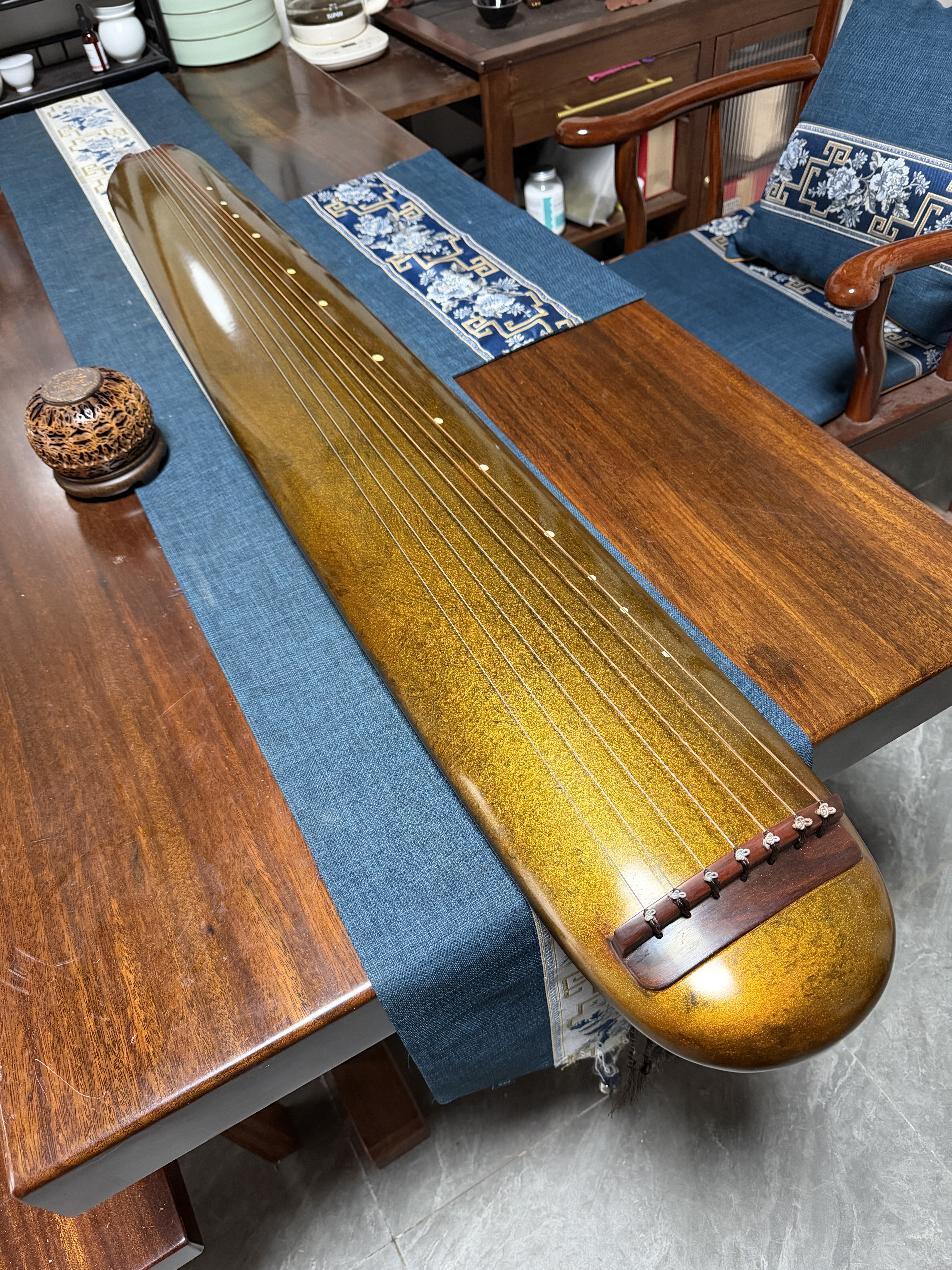 一铭老师斫纯生漆纯鹿角霜老杉木混沌式纯手工古琴演奏鎏金古琴