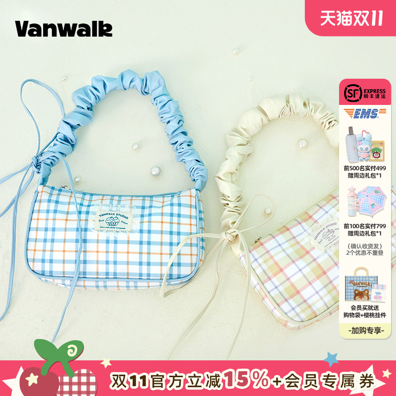 肥肠圈奶油格纹单肩包