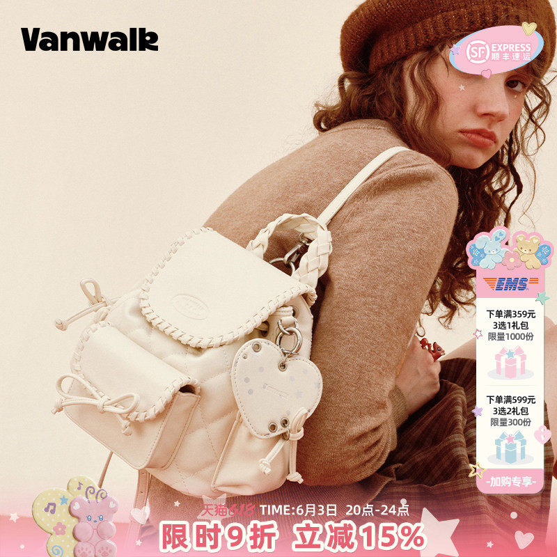 VANWALK松果部落 复古冬季新款小型双肩包女包包蝴蝶结通勤小背包