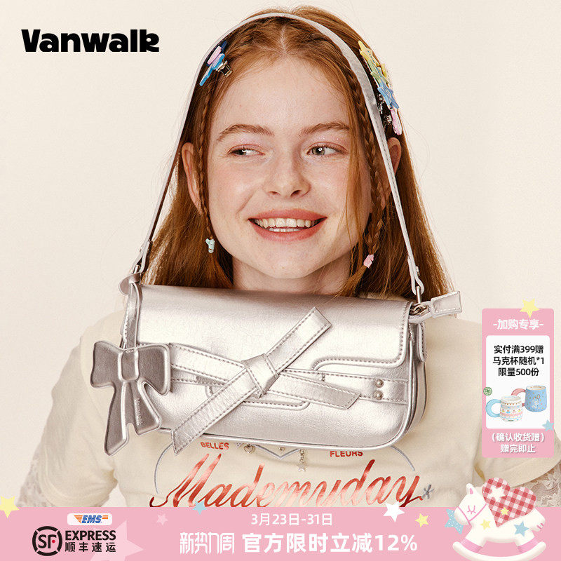 VANWALK 新款蝴蝶结少女牛仔法棍包复古休闲小众简约单肩腋下