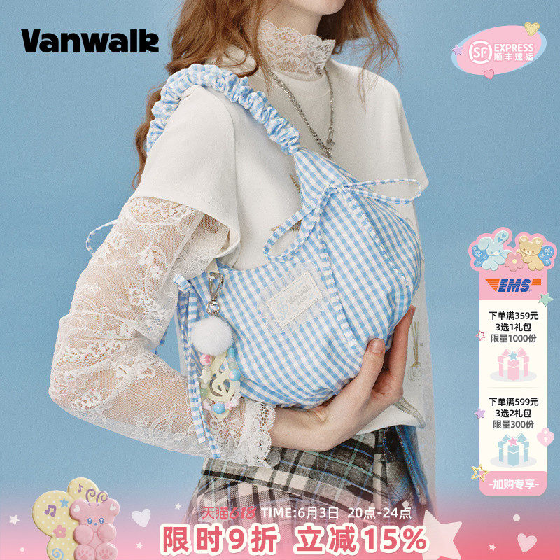 VANWALK happy band新款少女芭蕾风手提单肩包蕾丝蝴蝶结腋下包包