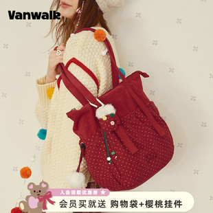 波点拼接托特包女大容量通勤包复古绒面单肩包 VANWALK圣诞系列