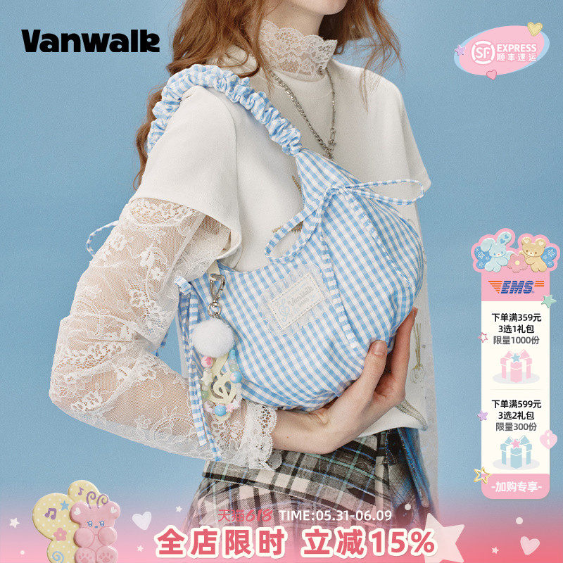 VANWALK happy band新款少女芭蕾风手提单肩包蕾丝蝴蝶结腋下包包