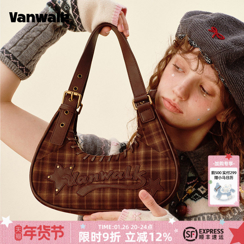 VANWALK松果部落 秋冬复古新款格子月牙包女简约通勤手提腋下包包,箱包皮具/热销女包/男包,腋下包,淘宝优惠券,粉丝福利购,淘宝优惠卷