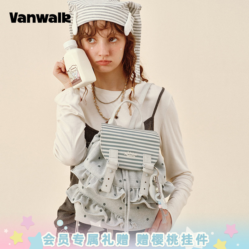 VANWALK/出走小众波点条纹双肩包图片