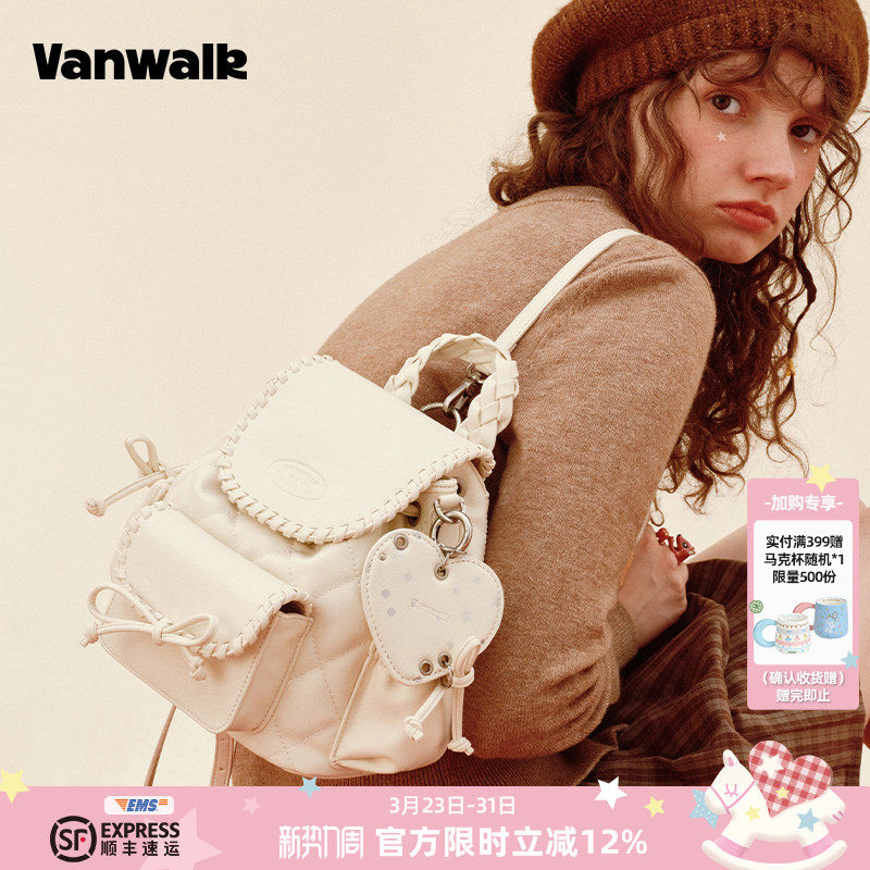 VANWALK松果部落 复古冬季新款小型双肩包女包包蝴蝶结通勤小