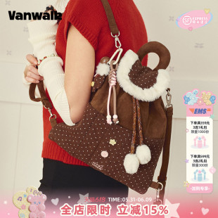 VANWALK圣诞系列 复古波点双肩包毛绒小包抽绳背包通勤书包ins