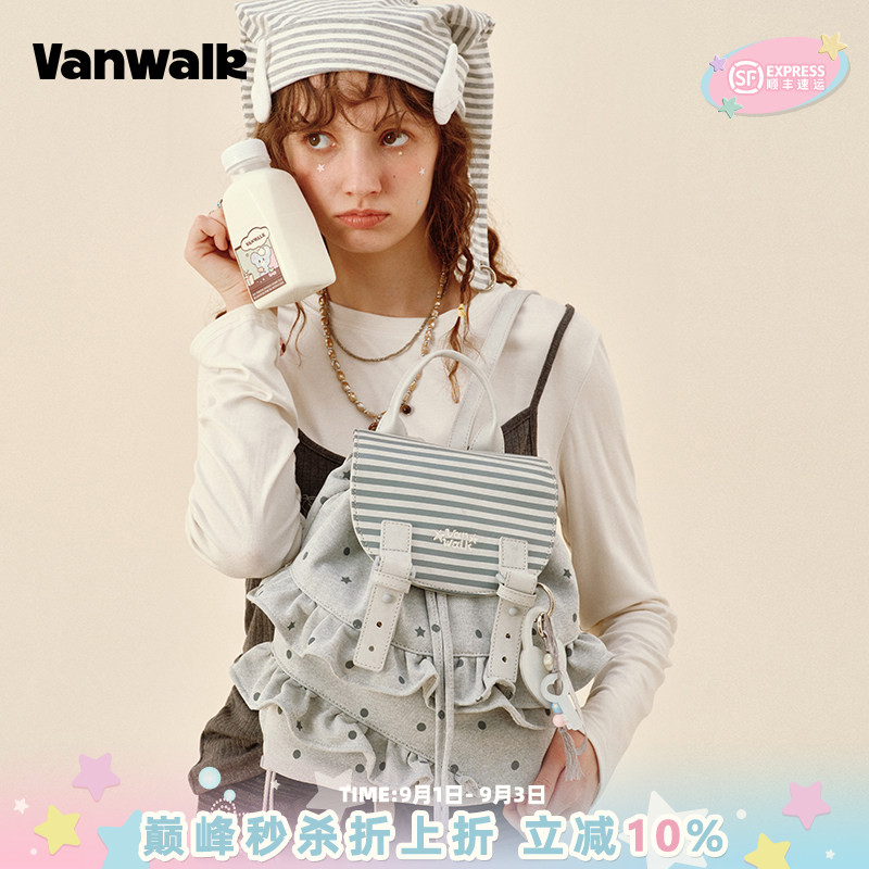 VANWALK/出走小众波点条纹双肩包图片
