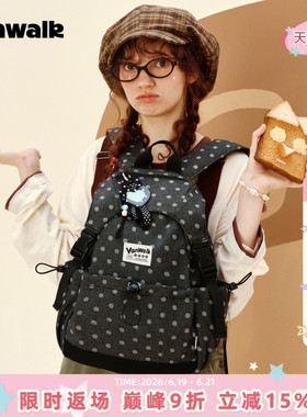 VANWALK松果部落 新款小众星星豹纹休闲双肩包女外出通勤黑色书包