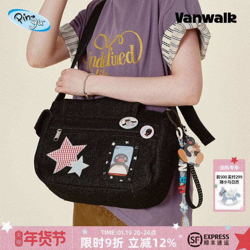 VANWALK Pingu企鹅大容量通勤黑色牛仔单肩斜挎包女百搭邮差包ins,箱包皮具/热销女包/男包,通用款女包,淘宝优惠券,粉丝福利购,淘宝优惠卷