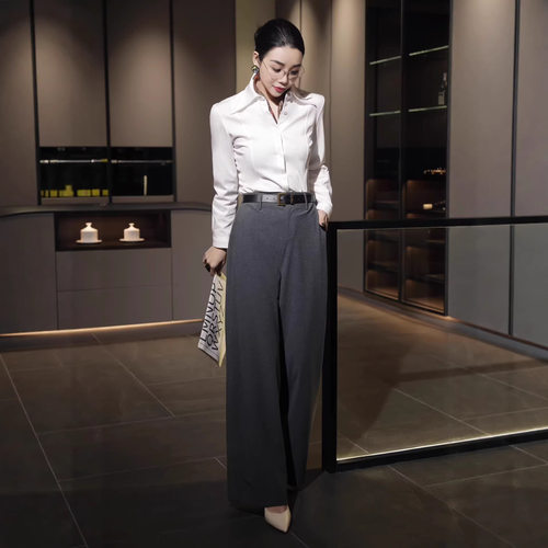 极简天丝弹力棉衬衫阔腿裤套装