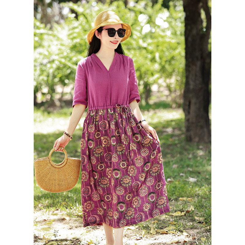 晴梦/十木米原创夏新款百分百亚麻印花拼色文艺旅行长款连衣裙,女装/女士精品,连衣裙,淘宝优惠券,粉丝福利购,淘宝优惠卷