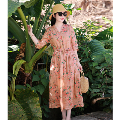 牡丹情/十木米原创夏款百分百苎麻印花文艺复古优雅双层长连衣裙