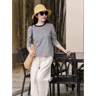 千寻 天丝棉条纹针织百搭圆领上衣T恤女 十木米原创春新款