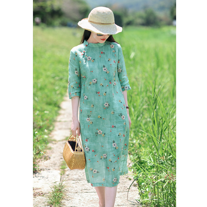 茯影~3色/十木米原创夏装款苎麻印花复古斜襟立领改良旗袍连衣裙,女装/女士精品,连衣裙,淘宝优惠券,粉丝福利购,淘宝优惠卷