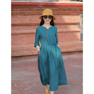 色织亚麻条纹旅行文艺连衣裙袍子 十木米原创夏新款 蓝 忆