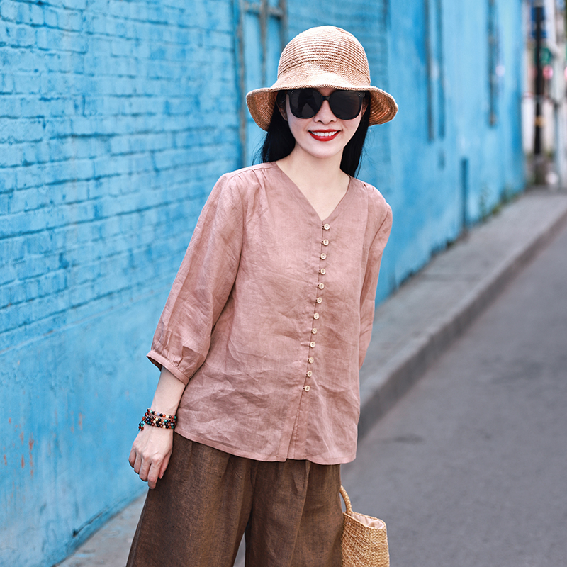 十木米休闲文艺七分袖苎麻上衣