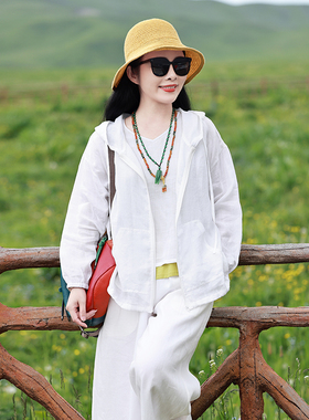 白书/十木米原创夏款百分百苎麻文艺休闲百搭连帽防晒衫空调衫女