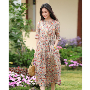 亚麻印花文艺显瘦连衣裙袍子 新款 画婉 十木米原创夏季