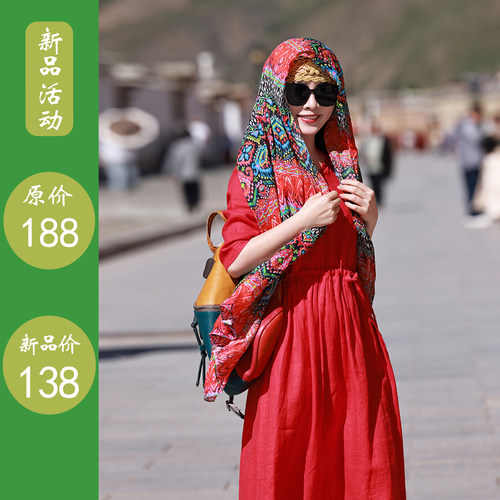 又见格桑花/十木米原创新款苎麻印花民族风旅行文艺百搭围巾披肩