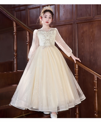 大码女童礼服2025新款长袖花童婚纱胖女孩生日公主裙钢琴演奏走秀