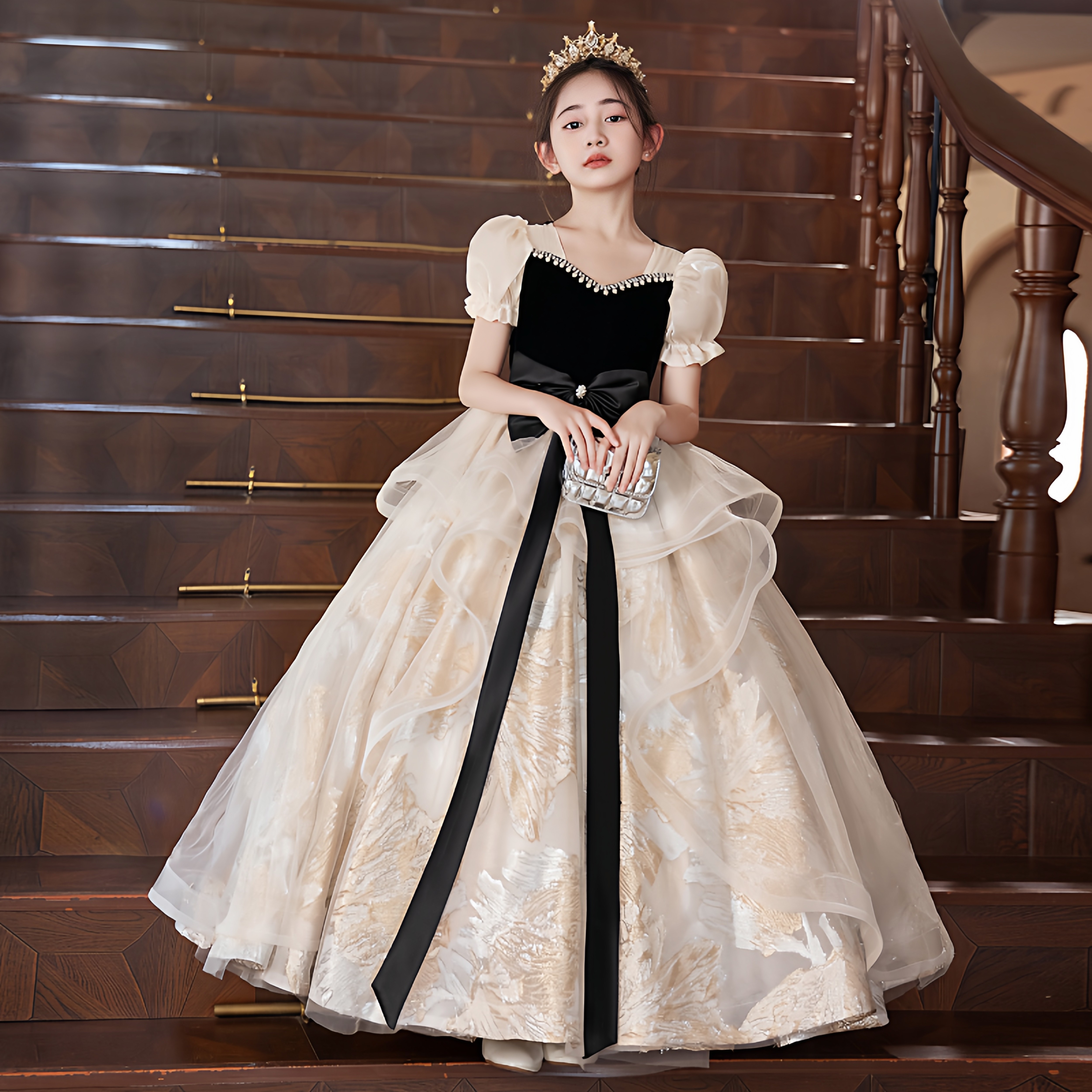 大码儿童礼服花童婚礼黑色小女孩生日钢琴演出服女童高级感公主裙