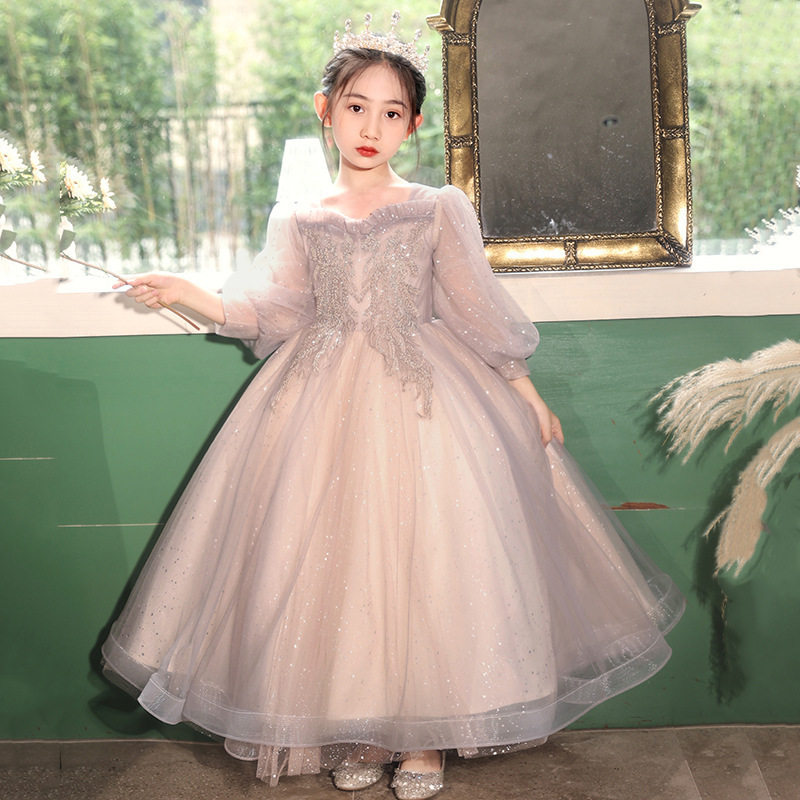 大码加肥微胖的女孩礼服婚纱烟紫长袖胖女童生日公主裙小提琴演奏
