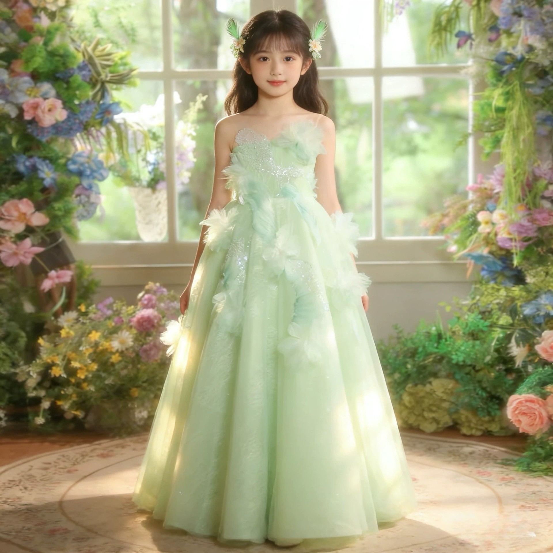 大码加肥微胖的女孩绑带礼服裙婚纱绿色女童生日公主裙小提琴演奏