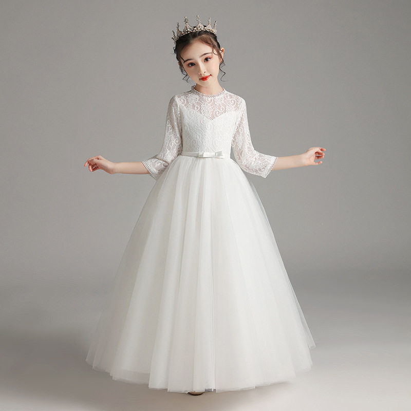 大码加肥微胖的女孩礼服裙婚纱白色长袖女童生日公主裙小提琴演奏