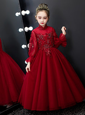 大码加肥微胖的女孩礼服裙婚纱红色长袖女童生日公主裙小提琴演奏