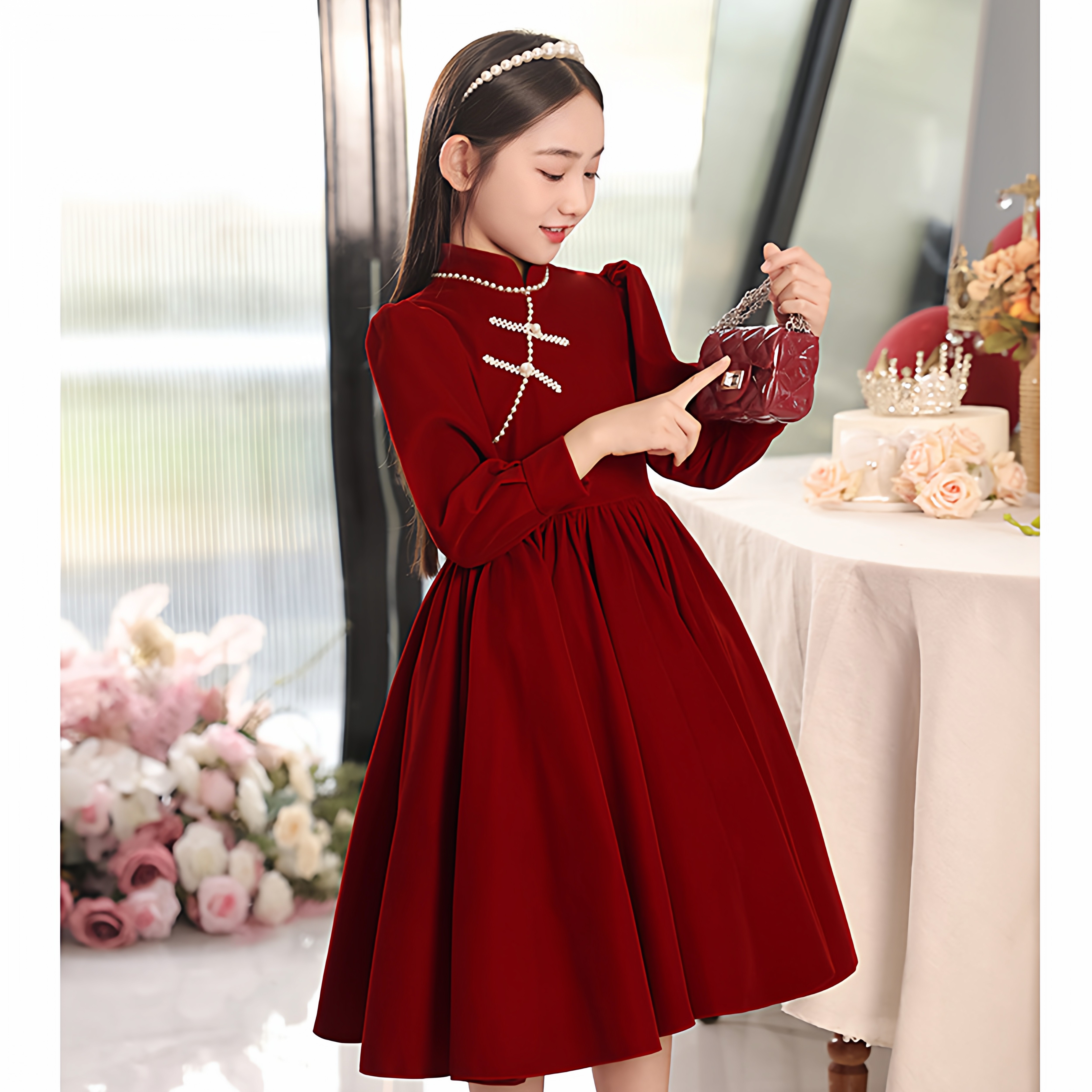 大码儿童礼服秋冬红色女童中国风生日公主裙洋气主持人钢琴演出服