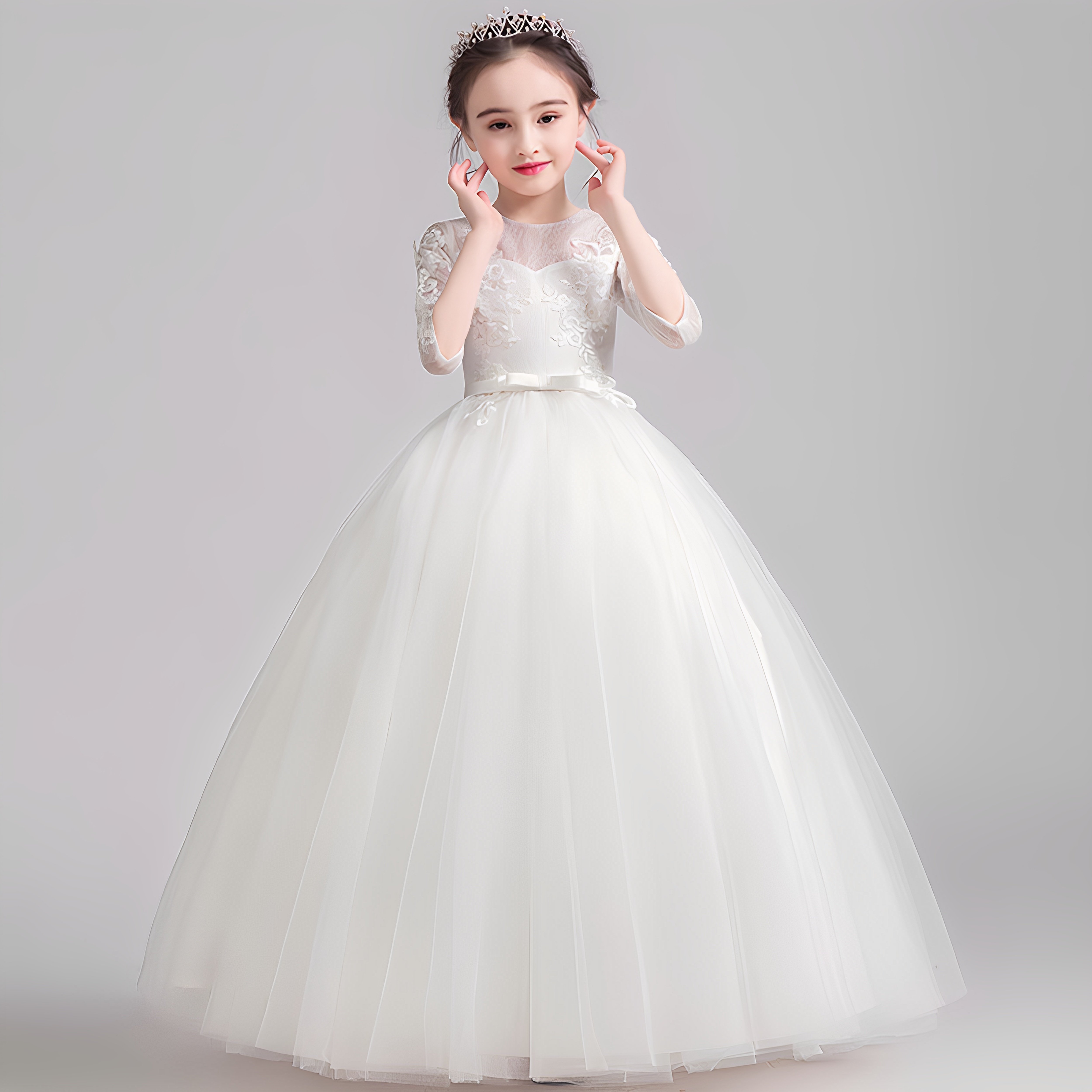 加大码白色礼服花童婚纱蓬蓬裙生日宴会六一主持人艺考钢琴演出服
