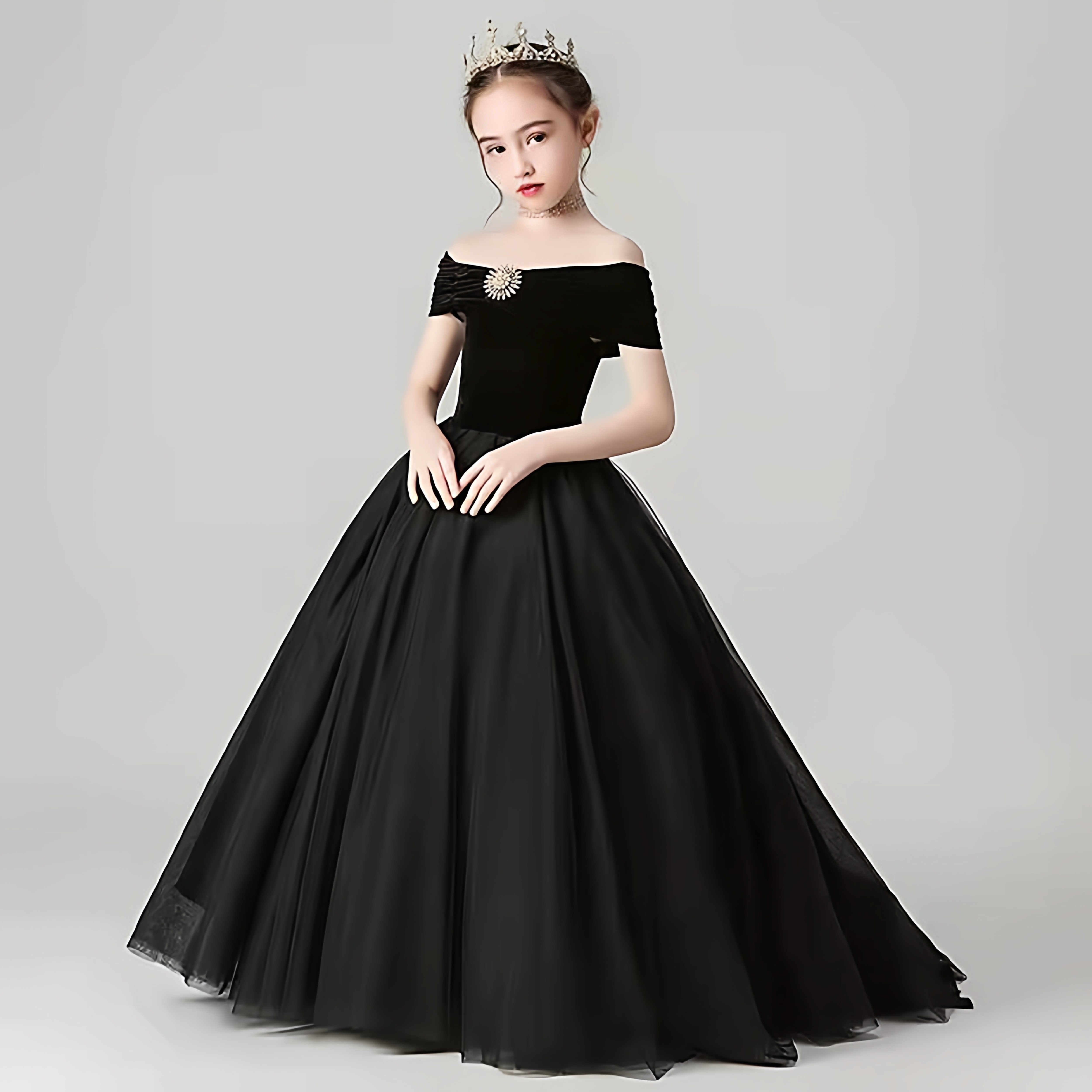 女童黑色婚纱礼服走秀拖尾绿色晚礼服公主裙花童钢琴演出服公主裙