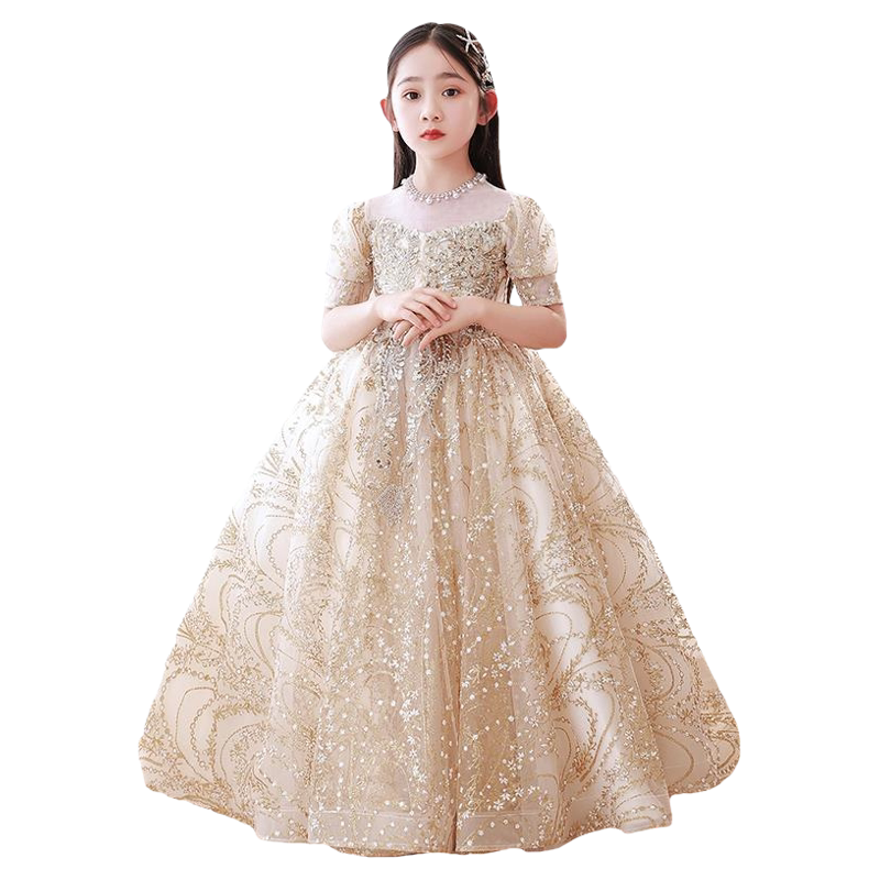 大码加肥主持人婚纱礼服公主裙香槟色生日胖女孩钢琴小提琴演奏服