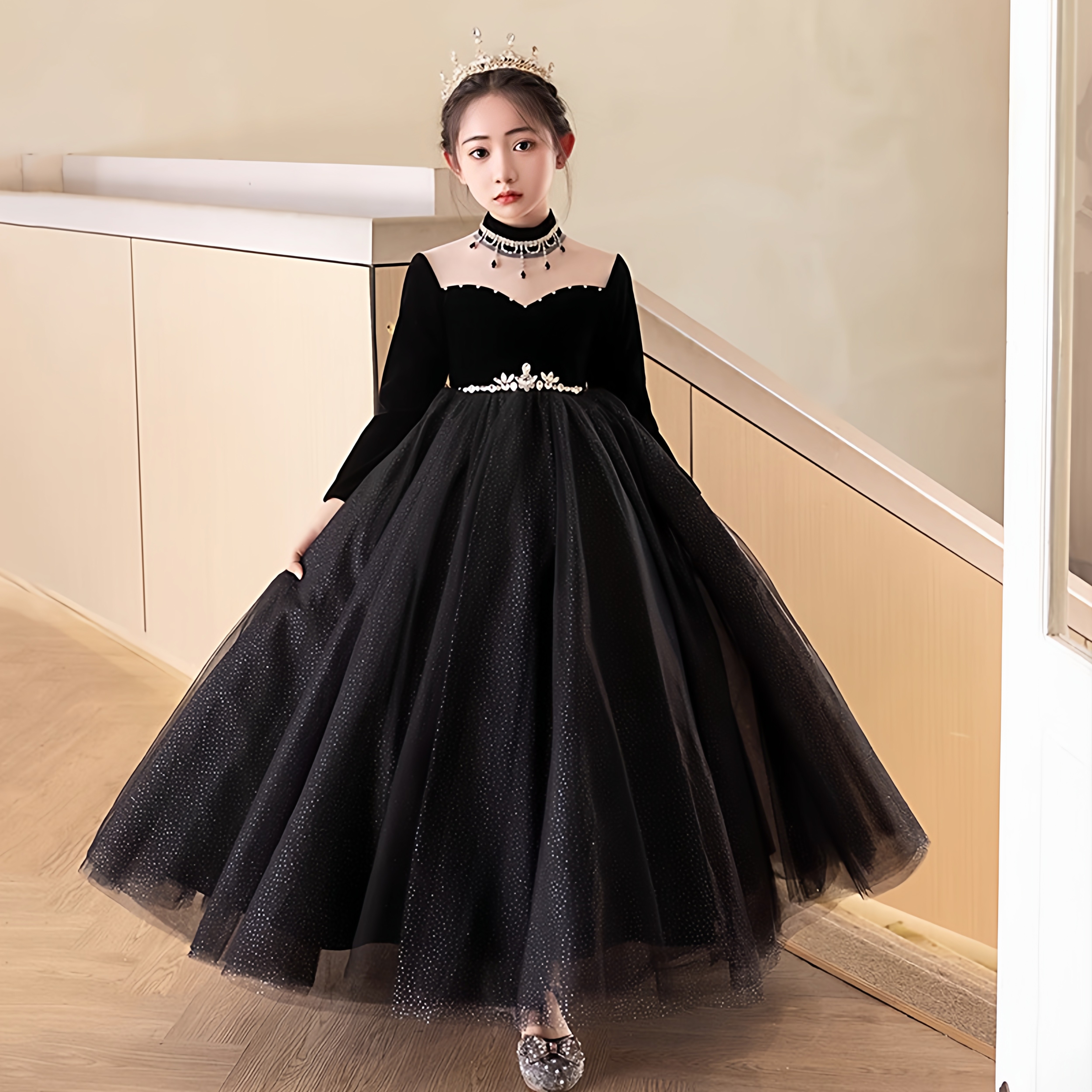 万圣节女童大码礼服秋冬赫本长袖胖MM公主裙加肥主持人钢琴童礼服