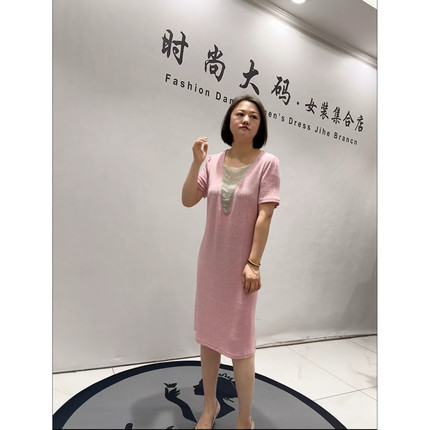 5216芮娜依莲夏季新款加肥大码女装通勤立体剪裁拼接减龄连衣裙子