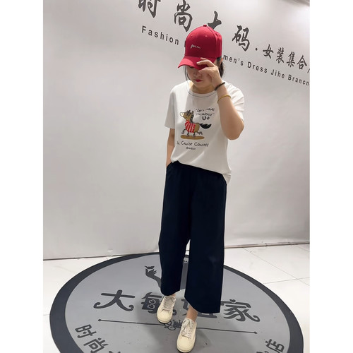 3681芮娜依莲夏季新款加肥加大码女装立体剪裁松紧腰直筒弯刀裤子
