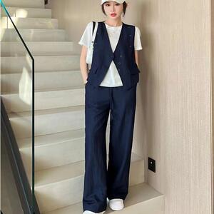 魅如丝韩版高级感套装女2025夏新款西装马甲直筒休闲阔腿裤三件套