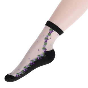 10双水晶丝棉底冰丝女薄款中筒绣花妈妈春夏季中老年玻璃丝短丝袜