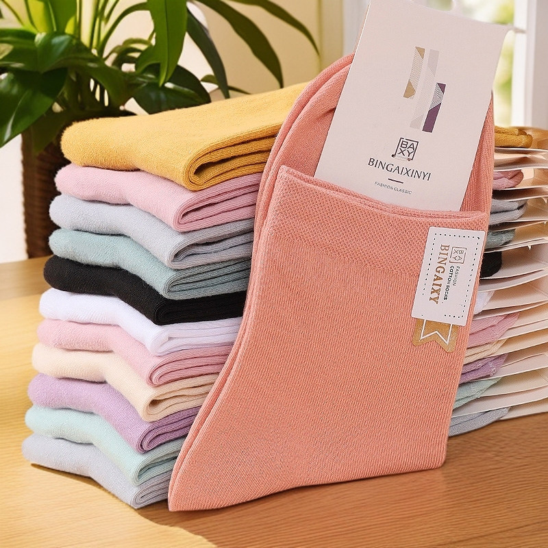 10双夏季加厚女士纯色中筒棉袜长袜高腰棉质吸汗袜子休闲长腰防臭