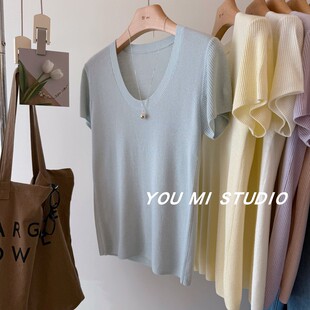 简约气质显瘦弹力针织衫 上衣女 绵羊毛混纺U领短袖 春夏绝美色系