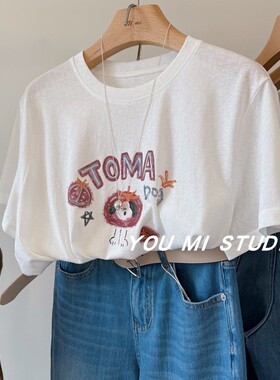 韩国番茄狗狗印花tee~爽滑舒适透气雪花棉圆领宽松休闲短袖T恤女